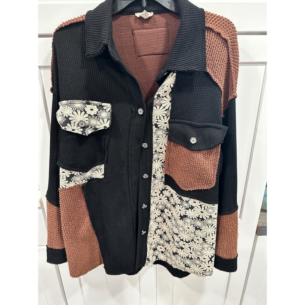 POL Patchwork Waffle Knit Floral Shacket Black Rust Boho Button Down GKJ18 Small
